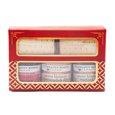 Holiday Gift Pack (Hot Pepper Bacon Jam, Onion Blossom Horseradish Dip, Pecan Honey Mustard and Sea Salt Gourmet Crackers.